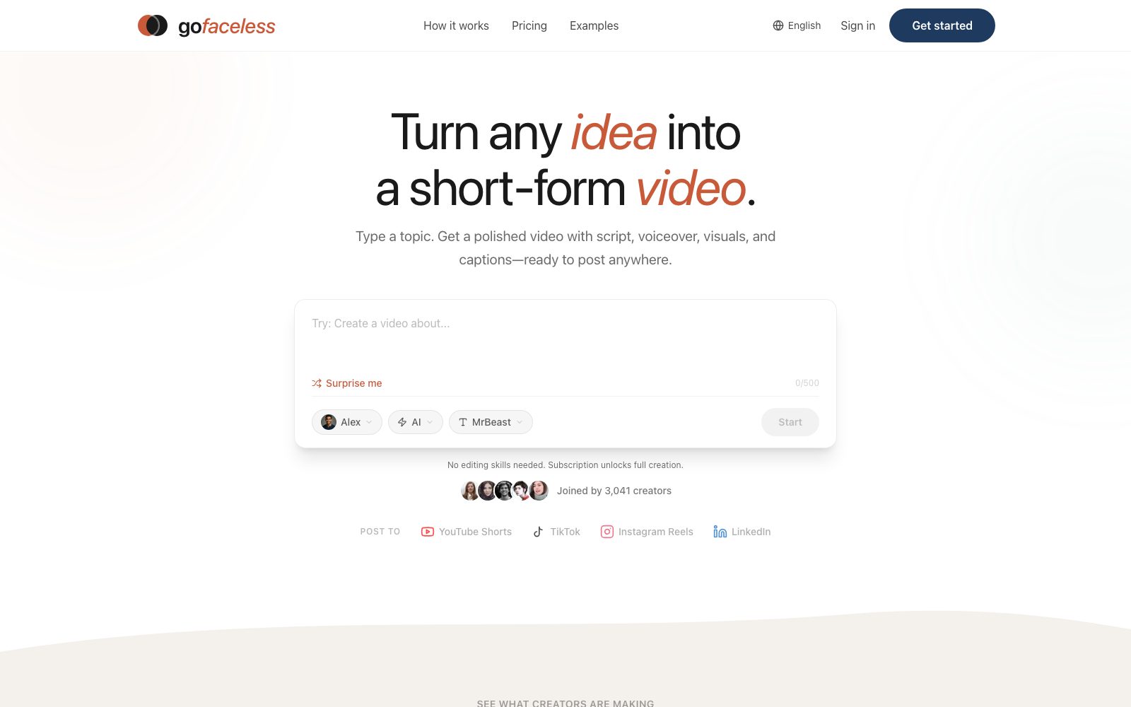 GoFaceless AI homepage preview